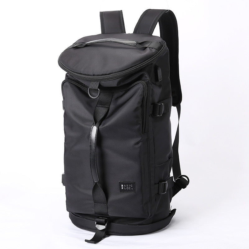 8801 stylish waterproof backpack 45L in sleek black color showing professional design with reinforced handle and dual zipper system
