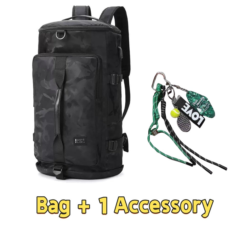Black camouflage 8801 stylish waterproof backpack 45L with tactical camo pattern, cylindrical design, dual carry handles, compression system and one outdoor accessory featuring emergency survival gear