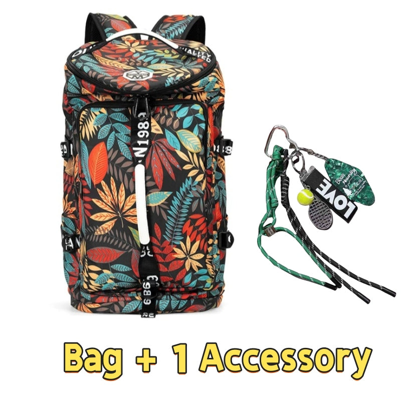 Colorful tropical leaf print 8801 stylish waterproof backpack 45L featuring vibrant foliage pattern, roll-top closure, compression straps, and one outdoor accessory lanyard with LOVE branded survival tools for adventure travel