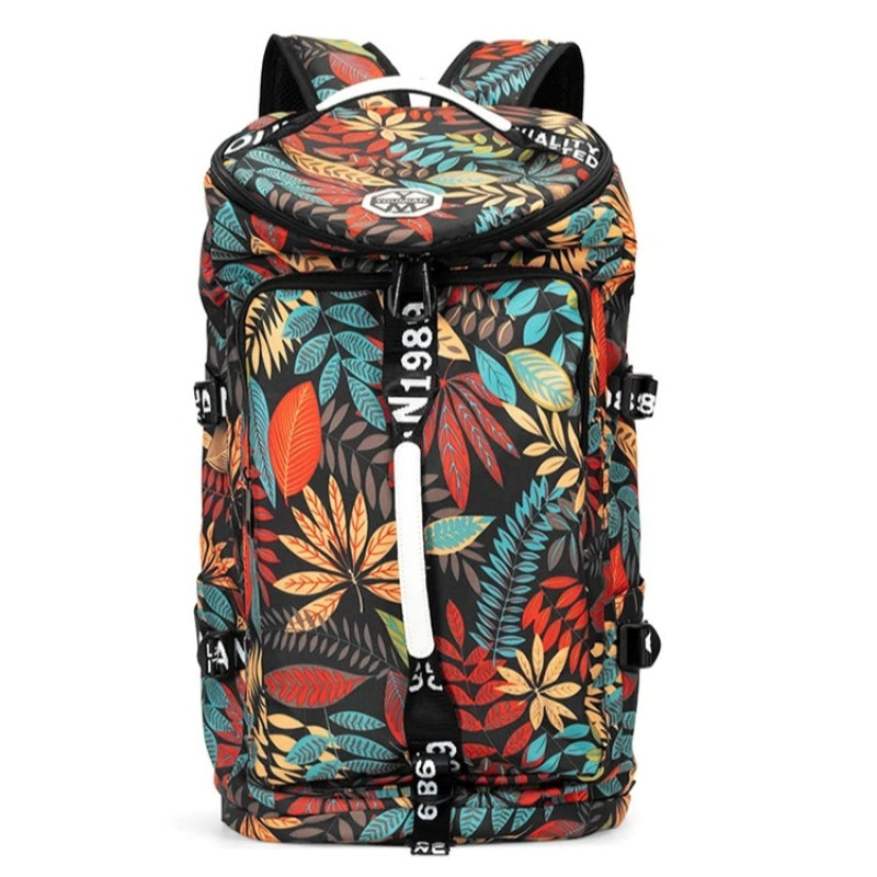 8801 stylish waterproof backpack 45L in vibrant tropical leaf pattern with colorful botanical design and premium construction details