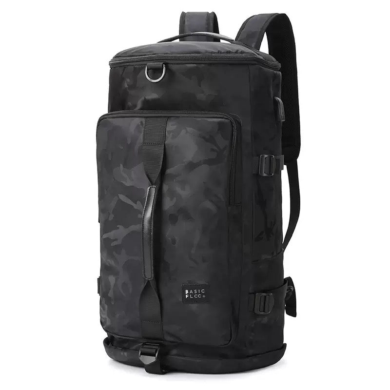 8801 stylish waterproof backpack 45L in black camouflage design with tactical aesthetic and durable construction for outdoor use