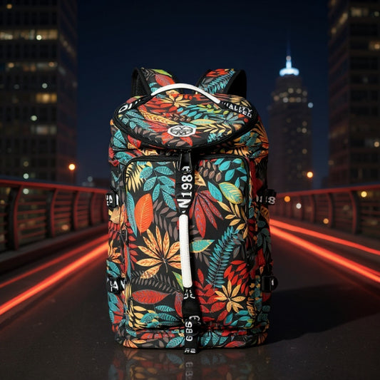 8801 stylish waterproof backpack 45L in tropical print on city bridge at night, showcasing urban travel and professional commuting style