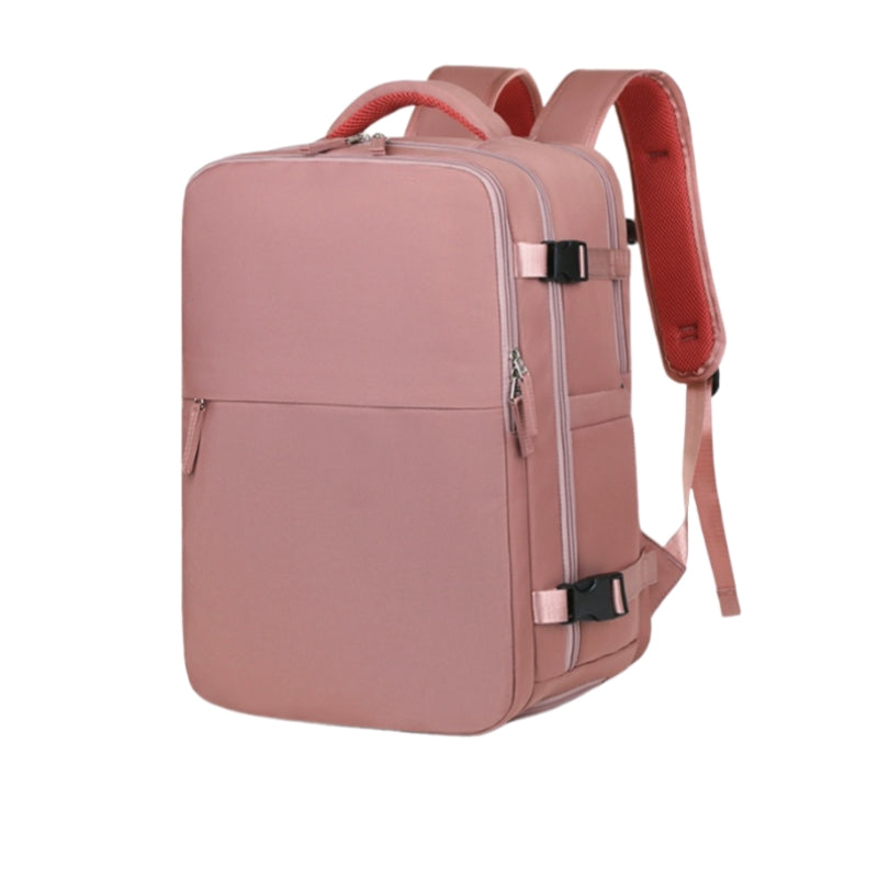 Pink version of 8802 lightweight travel backpack 35L showing same professional travel features and compression strap system