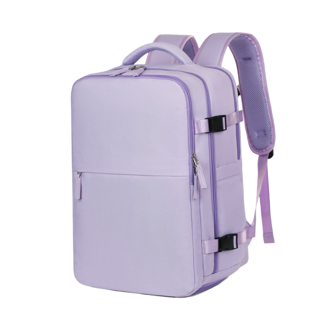 Purple 8802 lightweight travel backpack 35L front three-quarter angle showing complete design with top handle, compression straps, and front pocket access