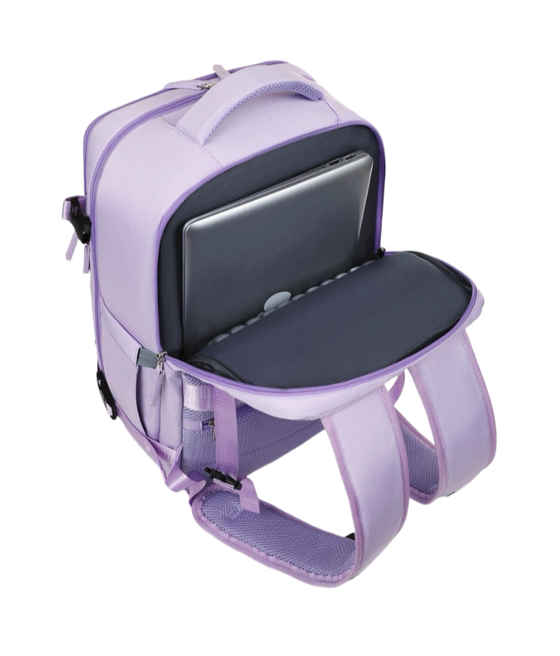 Purple 8802 travel backpack 35L with main compartment open revealing padded laptop sleeve with MacBook inside, showing protective interior organization for electronics