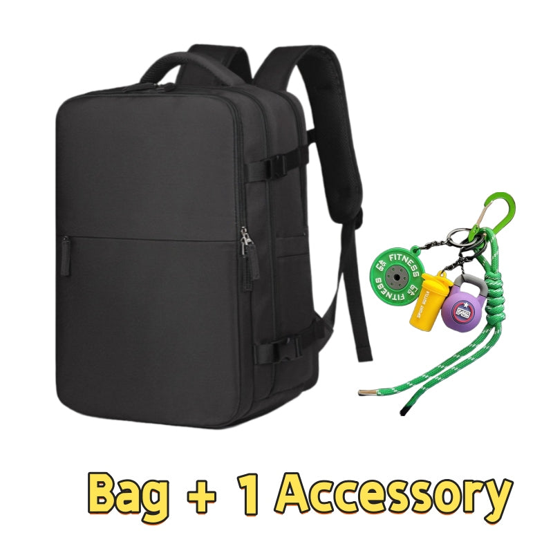 Black 8802 lightweight travel backpack 35L set showing classic professional design, dual compression straps, business travel functionality and one outdoor accessory featuring fitness-themed survival tools with green accent lanyard