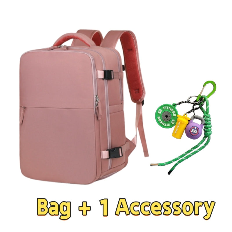 Pink 8802 lightweight travel backpack 35L set featuring modern business design, compression straps, top handle, front zip pocket and one outdoor fitness accessory lanyard with colorful carabiners and survival tools