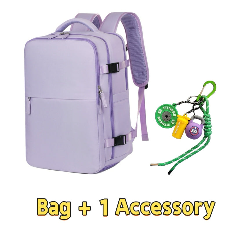 Purple 8802 lightweight travel backpack 35L set showcasing sleek professional style, dual compression buckles, mesh shoulder padding and one outdoor accessory featuring fitness-themed survival gear with green lanyard