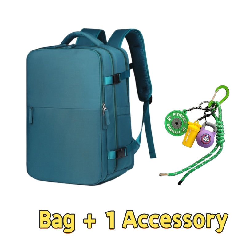 Teal blue 8802 lightweight travel backpack 35L set featuring contemporary urban style, compression system, professional appearance and one outdoor fitness accessory lanyard with multi-colored survival gear