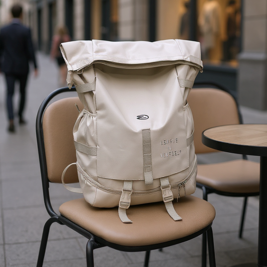Beige 8803 waterproof backpack 34L placed on modern cafe chair in urban setting, demonstrating stylish design for city commuting and professional use