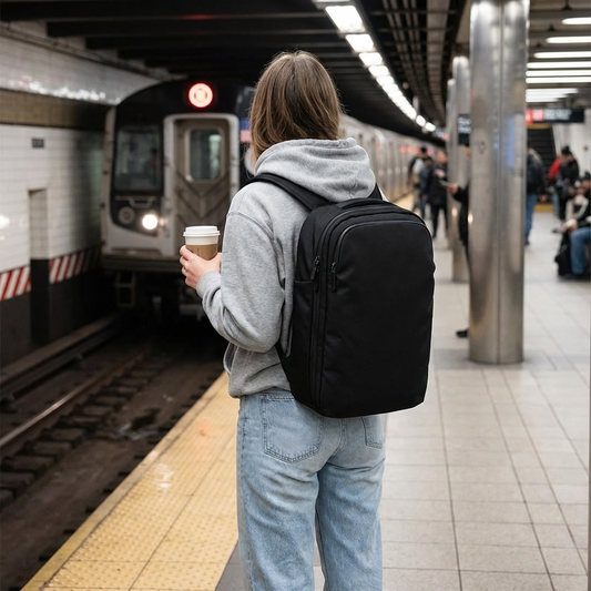 Backpackbeat 8807 black waterproof expandable backpack worn by woman in grey hoodie and light jeans standing on subway platform holding coffee cup with train arriving