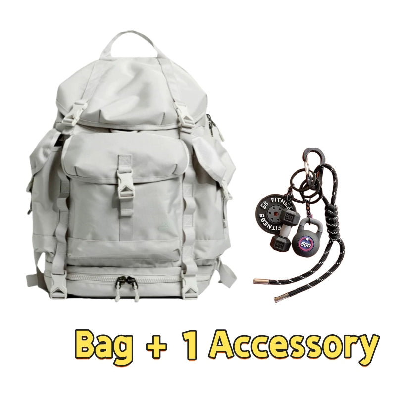 Light grey 8809 lightweight hiking backpack 40L showcasing tactical multi-compartment design, external attachment points, compression system and one fitness-themed accessory lanyard with survival gear for outdoor expeditions