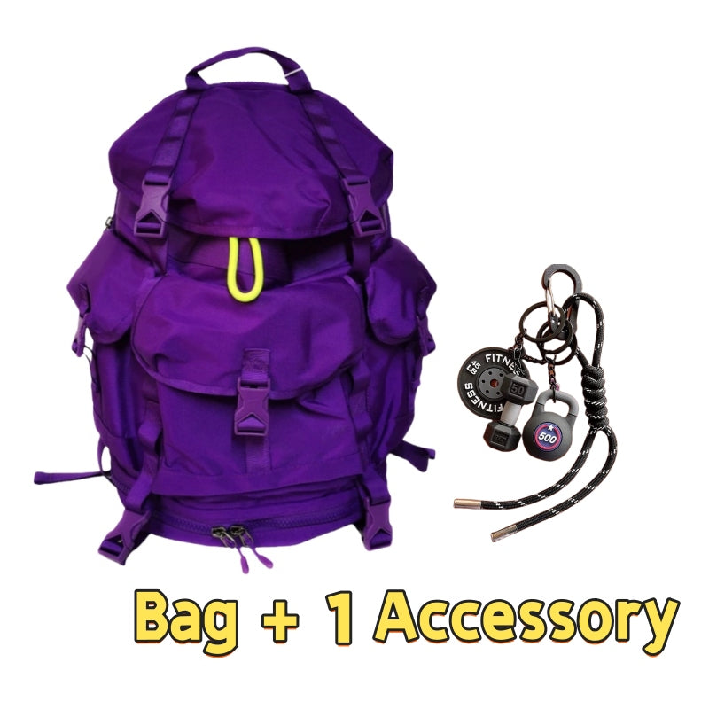 Purple 8809 lightweight hiking backpack 40L featuring multi-pocket tactical design, yellow accent details, external gear loops, compression straps and one fitness accessory with black lanyard and survival tools for trail adventures