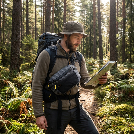 Male hiker wearing 9903 gray ripstop crossbody waist bag over chest in forest trail, reading map, outdoor adventure style
