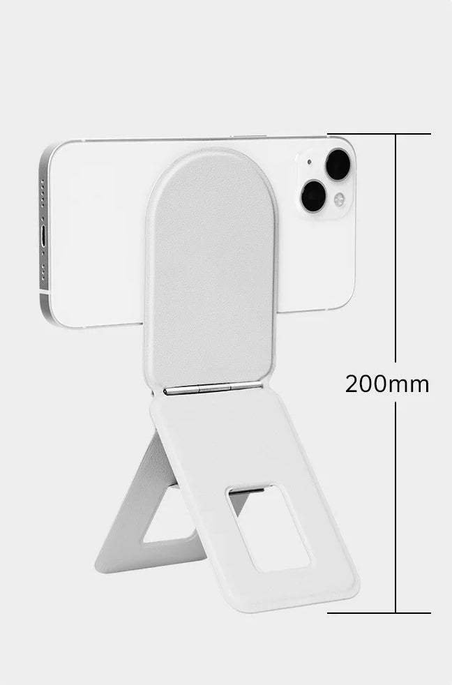 BackpackBeat 1104 white foldable magnetic phone stand fully extended showing 200mm height with iPhone