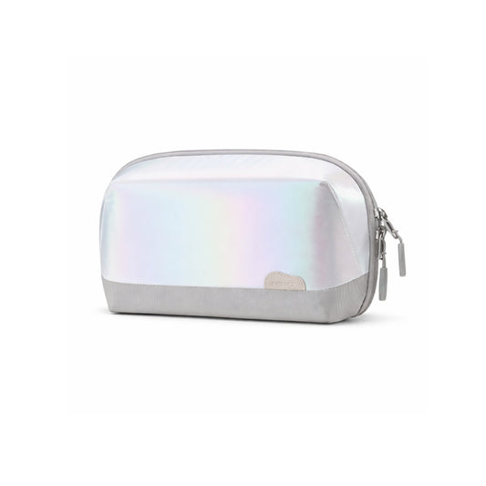 BackpackBeat 1105 iridescent holographic tech pouch front view with silver zipper on white background
