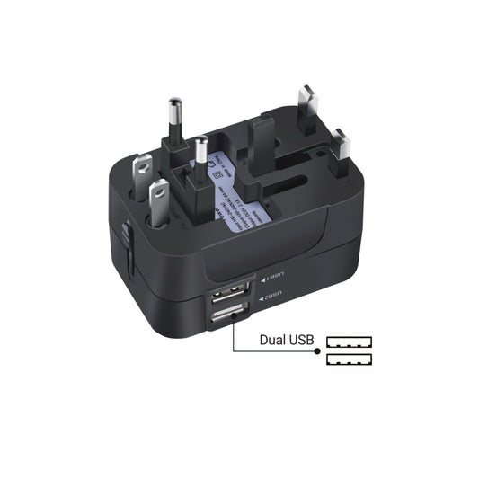 BackpackBeat 1109 adapter showing all plug types extended simultaneously with dual USB ports labeled USB1 and USB2