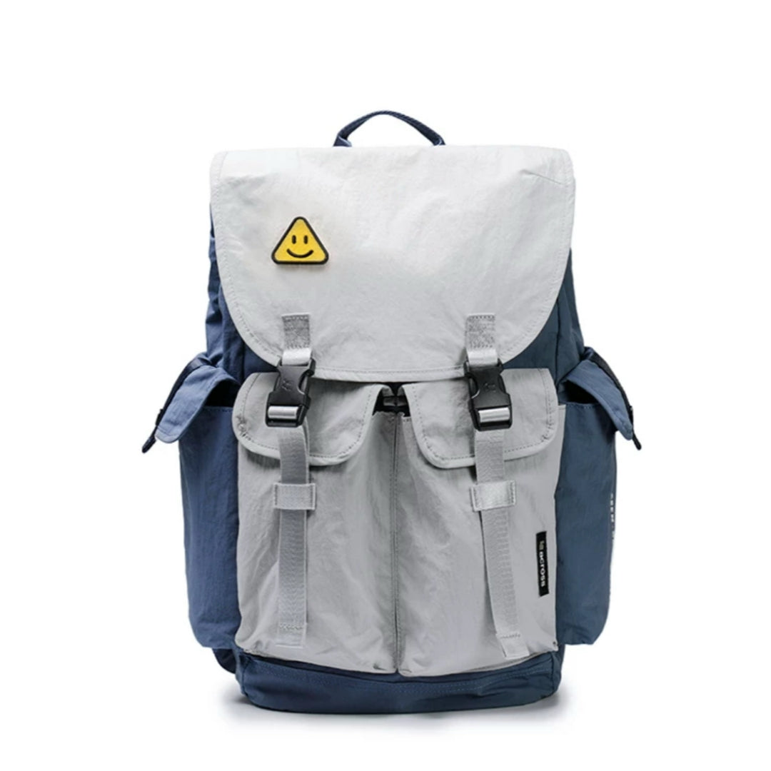 Blue and gray lightweight waterproof backpack studio product photography showing front view with multiple organizational pockets