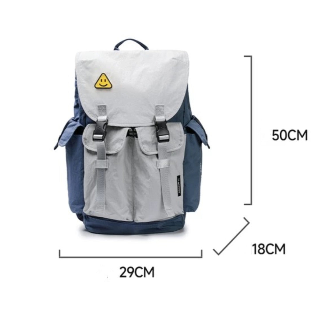 Blue-gray waterproof backpack with dimension measurements showing 50cm height, 29cm width, and 18cm depth for 26L capacity