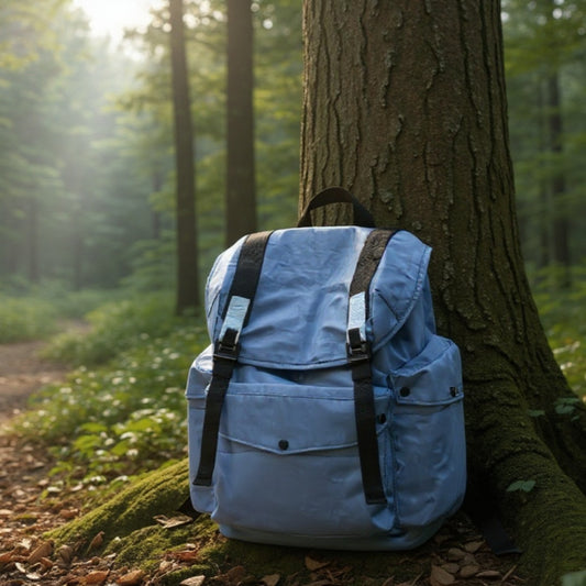 A light blue Backpackbeat 7712 Lightweight Backpack 25L leaning against the moss-covered base of a large tree on a sunlit forest trail. Sunlight filters through the dense canopy, creating a peaceful and natural atmosphere. This image emphasizes the backpack's durability and design for outdoor adventures and nature exploration.