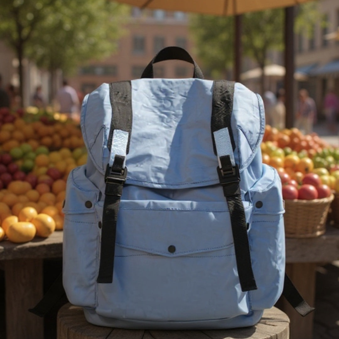 A light blue Backpackbeat 7712 Lightweight Backpack 25L placed on a rustic wooden stall in a vibrant city market. The backpack sits in front of a colorful display of fresh fruits and vegetables, with sunlight illuminating the lively urban scene. This image highlights the backpack's adaptability for daily use and travel in city environments.
