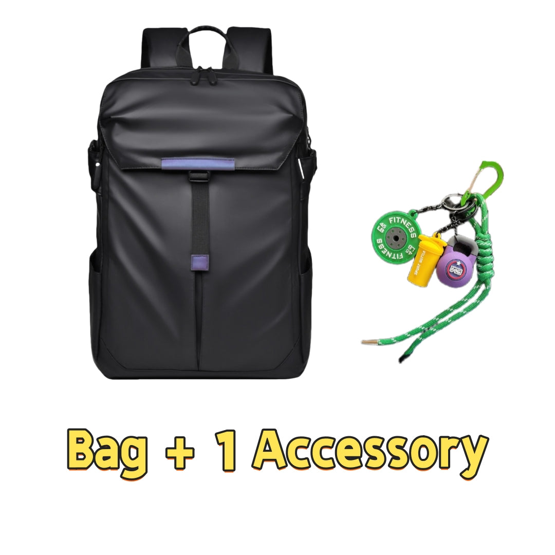 Backpackbeat 8808 EXTEND black waterproof backpack with purple accents paired with green fitness gear accessory keychain featuring weight plate, kettlebell, and sport bottle charms - expandable bag plus 1 accessory set