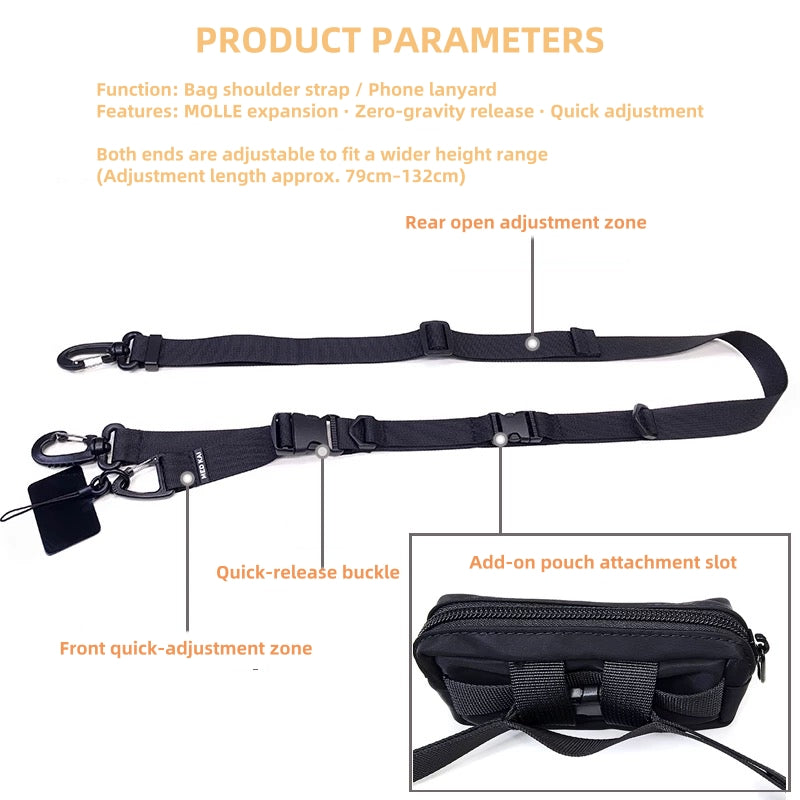 Technical layout of the 1101 modular crossbody strap showing front and rear adjustment zones, quick-release buckle, and add-on pouch attachment slot with English annotations.