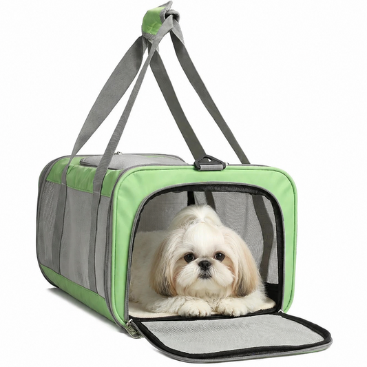 p808 sage green soft sided pet carrier with front mesh door open, white Shih Tzu dog resting inside looking at camera, white background