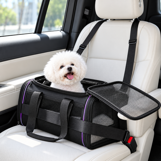 Small white dog sitting inside the black P8114 soft-sided carrier secured on a vehicle seat