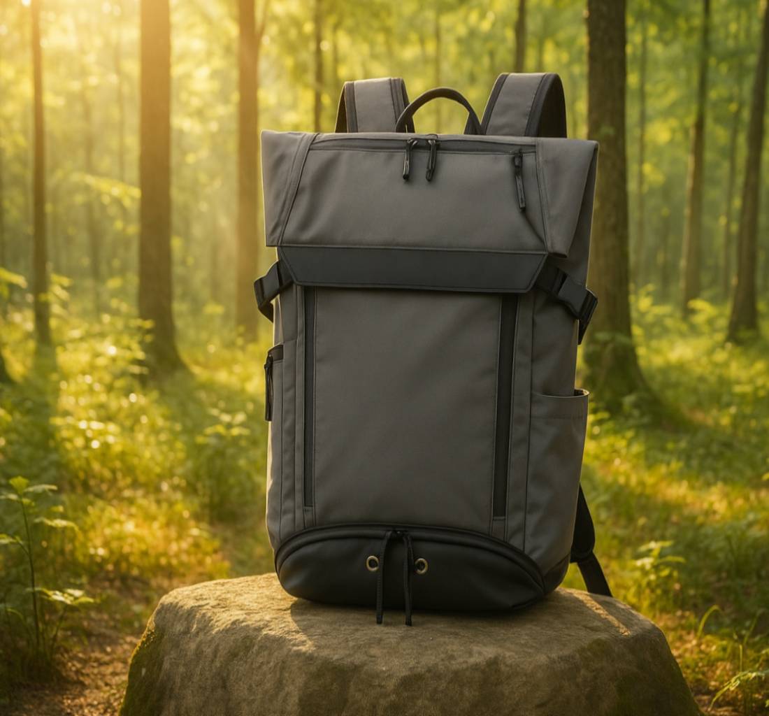 7702 waterproof backpack in forest environment, ideal for outdoor travel