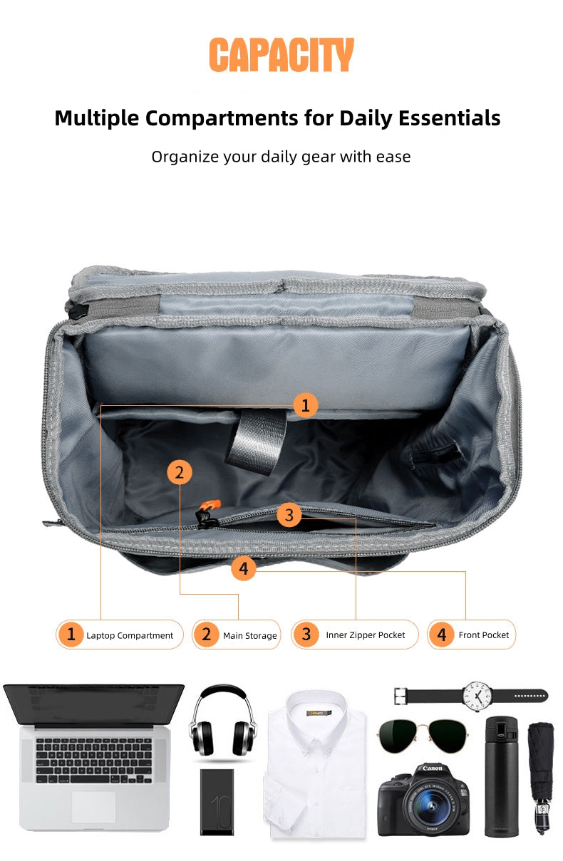 Top view of Backpackbeat 7703 backpack showing laptop compartment, main storage, and organized daily items