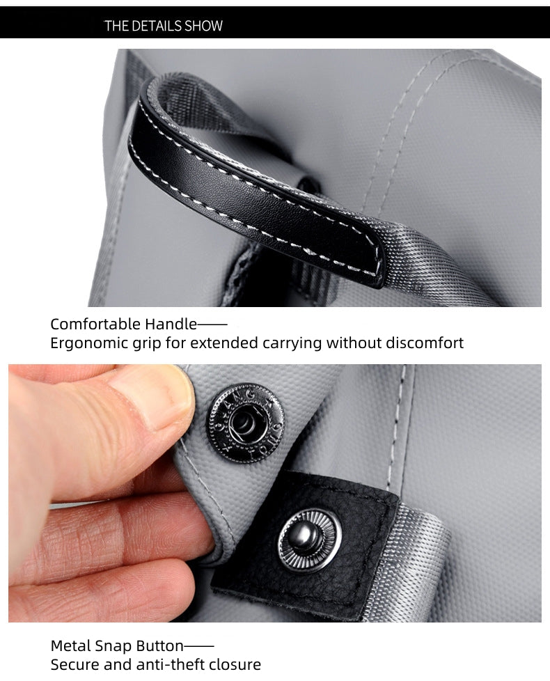 Close-up of Backpackbeat 7703 backpack's ergonomic handle and secure metal snap closure