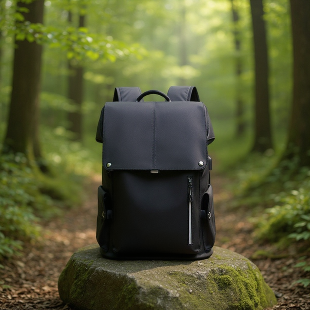 Backpackbeat 7703 backpack placed on a mossy rock in a forest setting