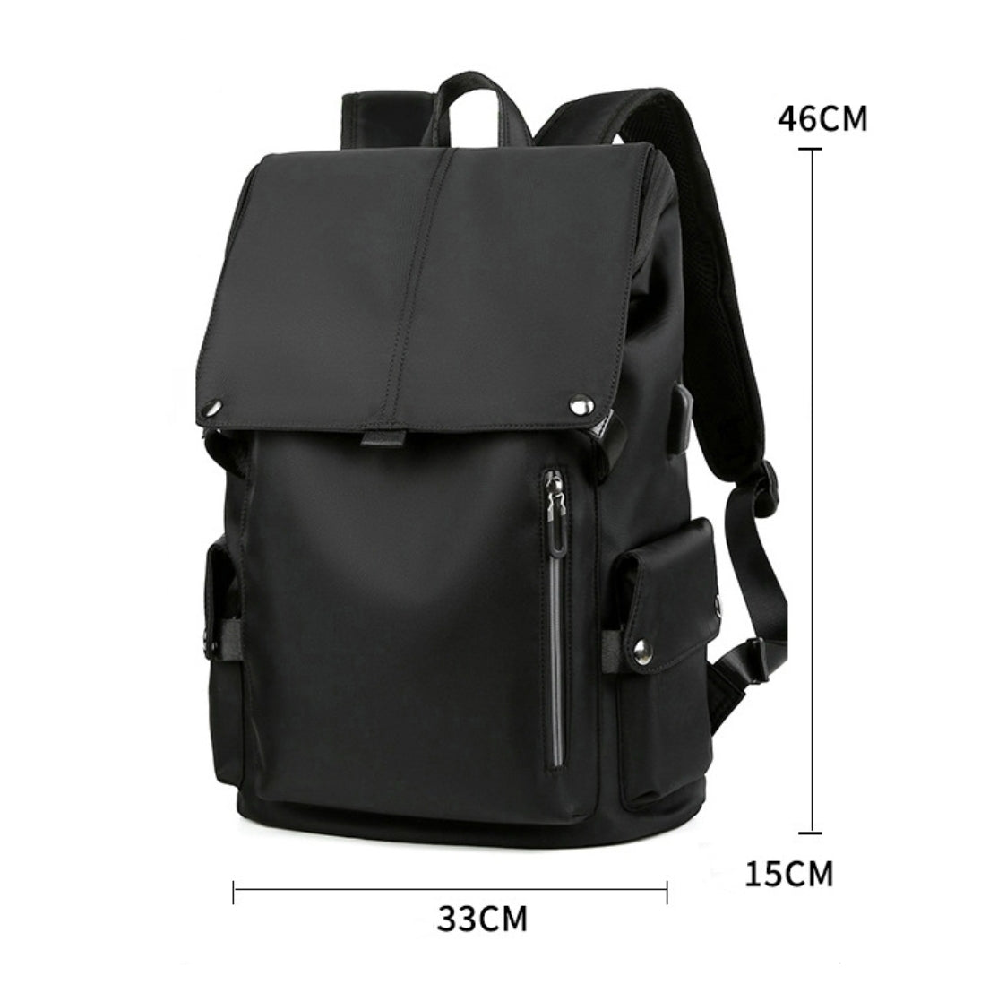 Backpackbeat 7703 Lightweight Waterproof Backpack in black with dimension markings: 33cm width, 15cm depth, 46cm height.