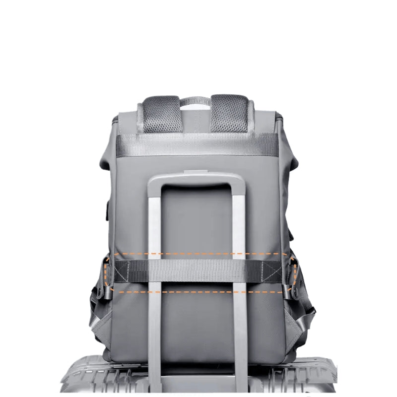 Back view of the Backpackbeat 7703 Backpack secured on a luggage trolley with rear strap support.