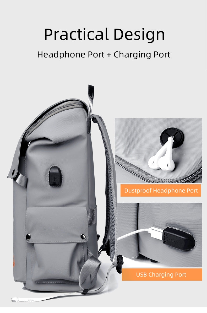 Side design of Backpackbeat 7703 Backpack featuring USB charging port and dustproof headphone jack for practical daily use.