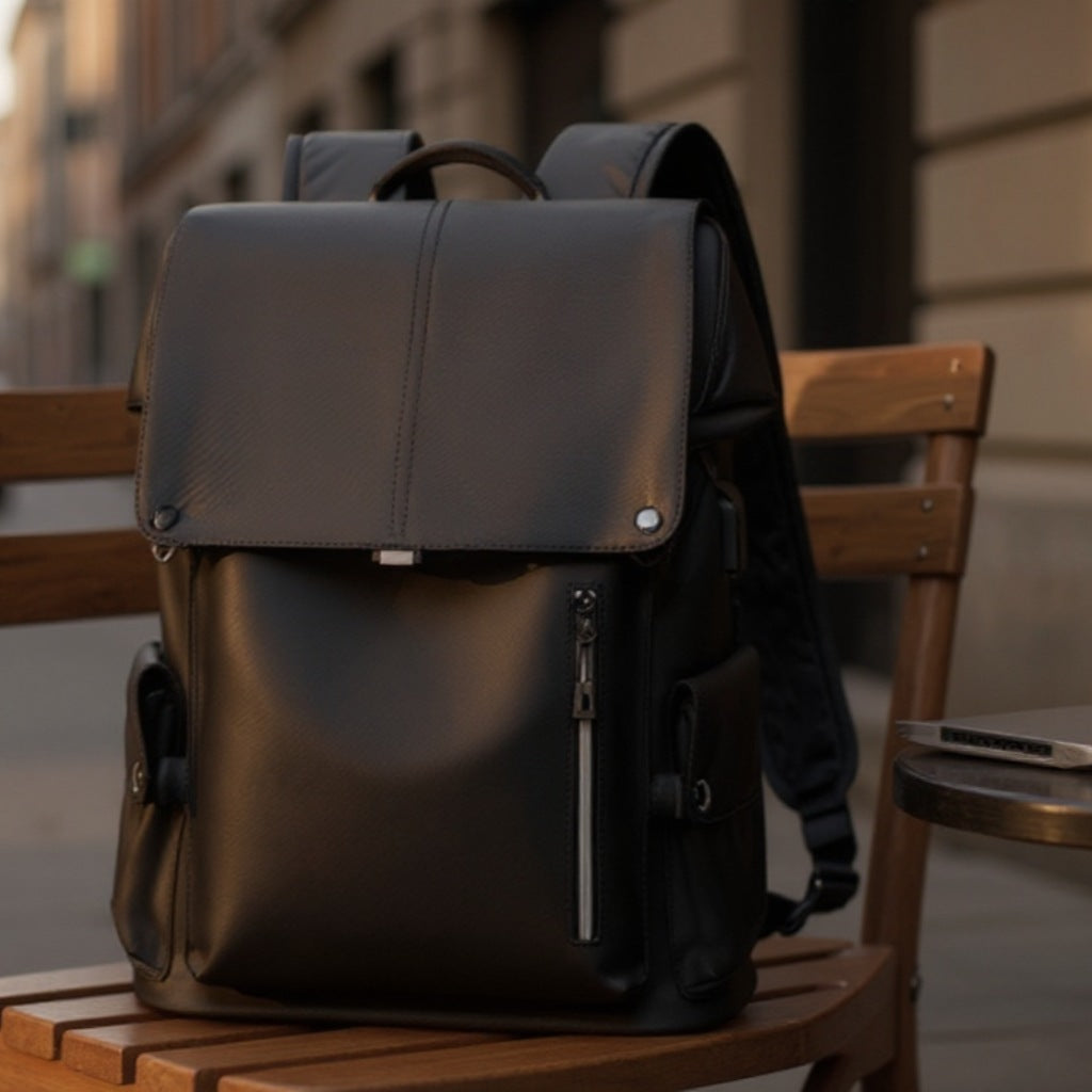 Backpackbeat 7703 backpack resting on a wooden bench in a city street environment