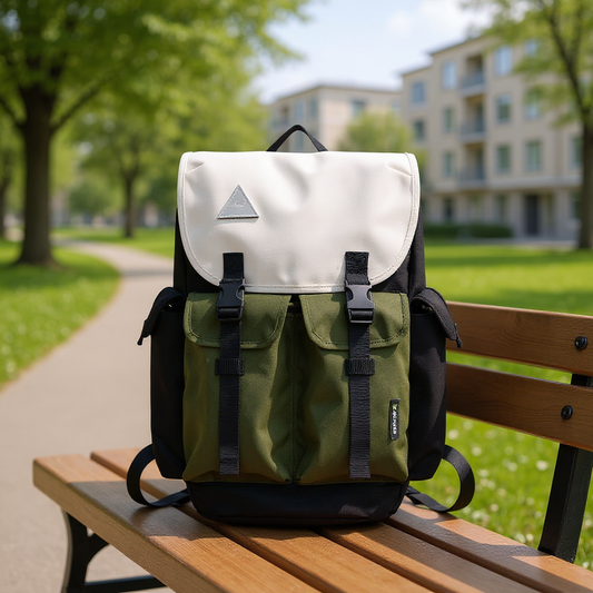 Backpackbeat 7705 backpack 25L – resting on a park bench in a green urban setting