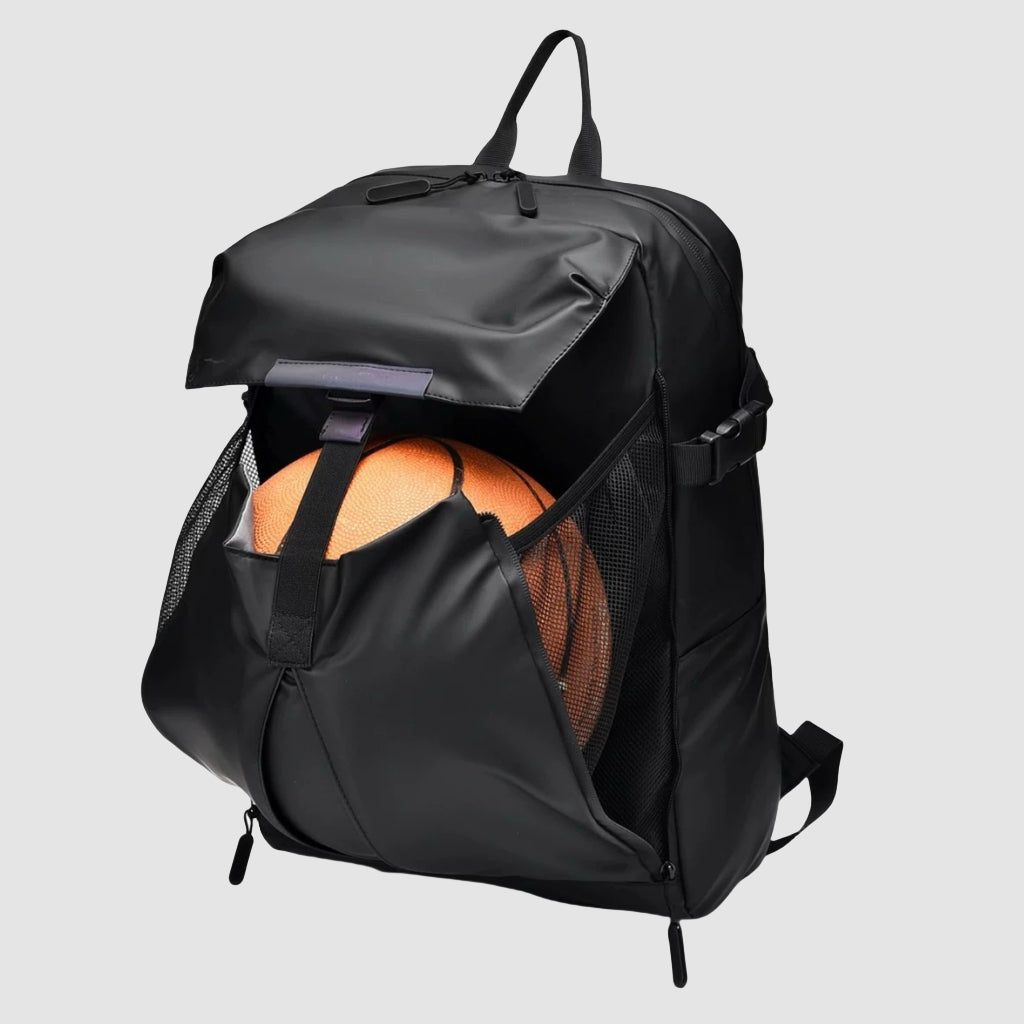 BackpackBeat 8808 extend waterproof backpack fully packed with basketball in external mesh holder, showcasing its storage capacity.