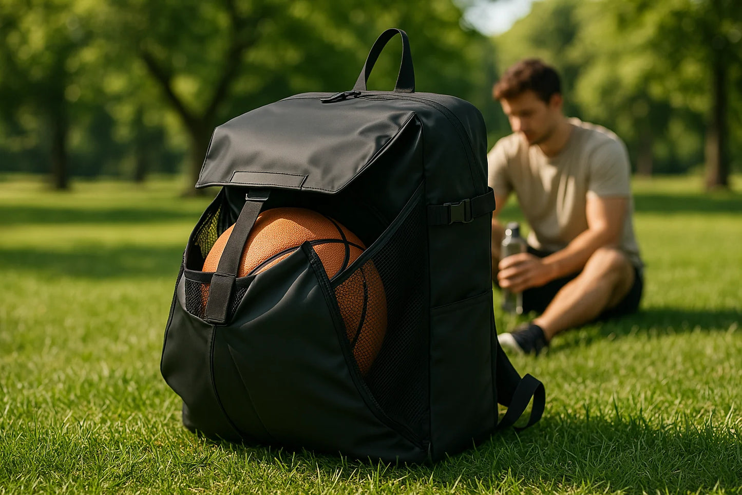 BackpackBeat 8808 extend waterproof backpack placed on grass in the park, shown with basketball expansion in full view.