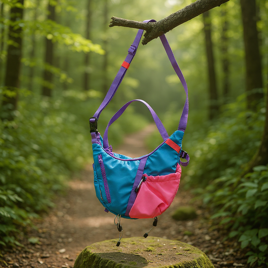 Backpackbeat 9901 crossbody backpack hanging on a tree branch along a forest trail