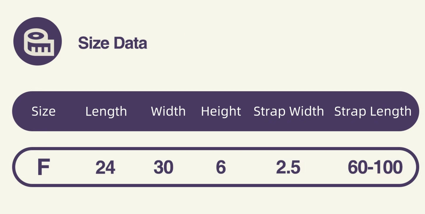 Size chart of the Backpackbeat 9901 crossbody backpack, showing dimensions and strap length