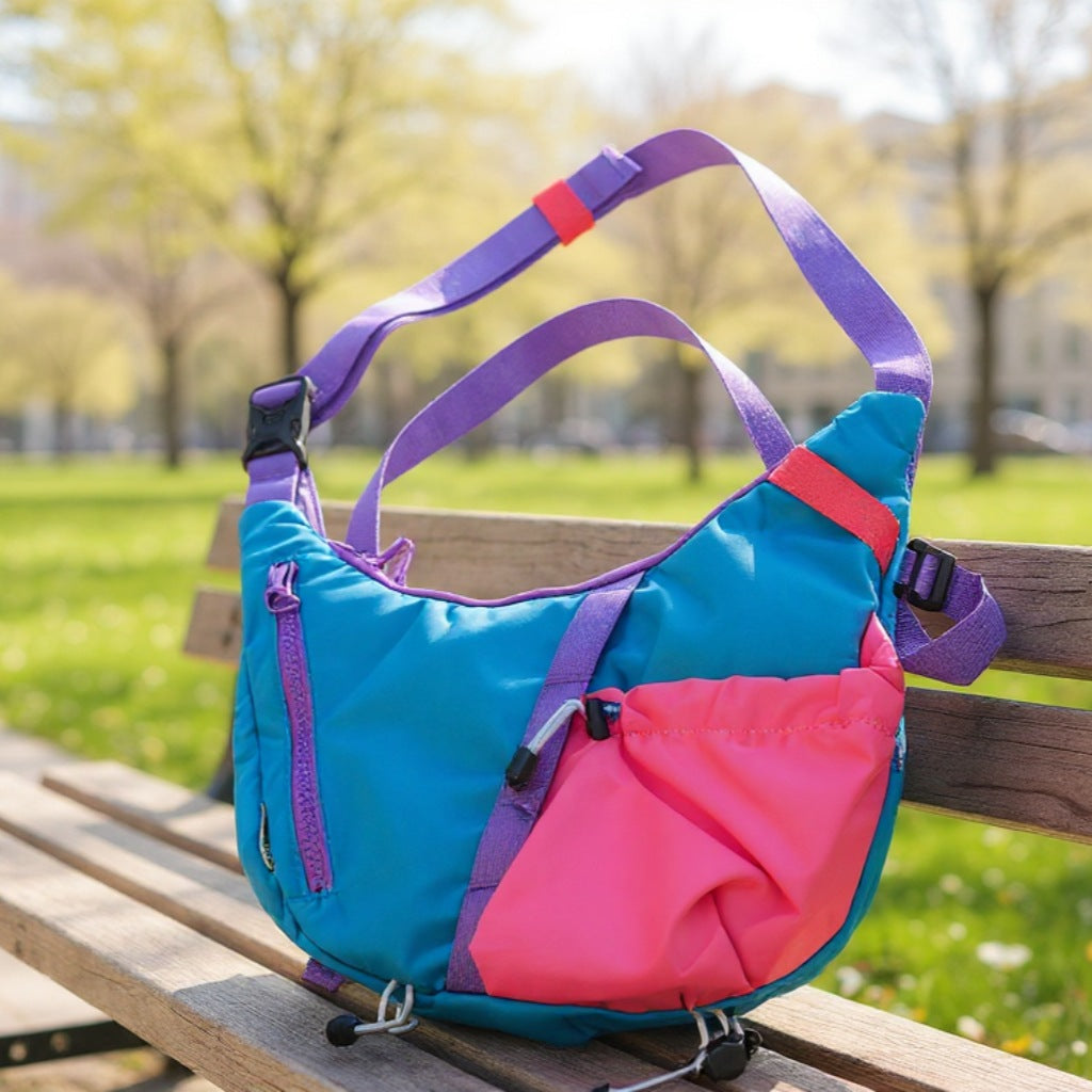 Backpackbeat 9901 color-blocking crossbody bag on a park bench in bright city surroundings