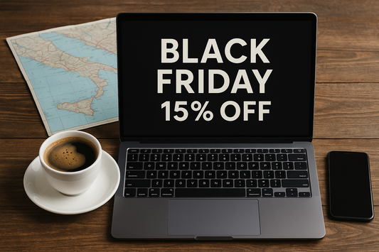  black friday 15 percent off sale on laptop screen with travel map and coffee - online shopping deal