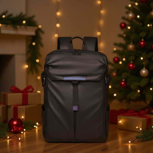 BackpackBeat 8808 EXTEND waterproof backpack 20L displayed in cozy Christmas living room with decorated tree, fairy lights and wrapped presents - perfect holiday gift for outdoorsy fathers