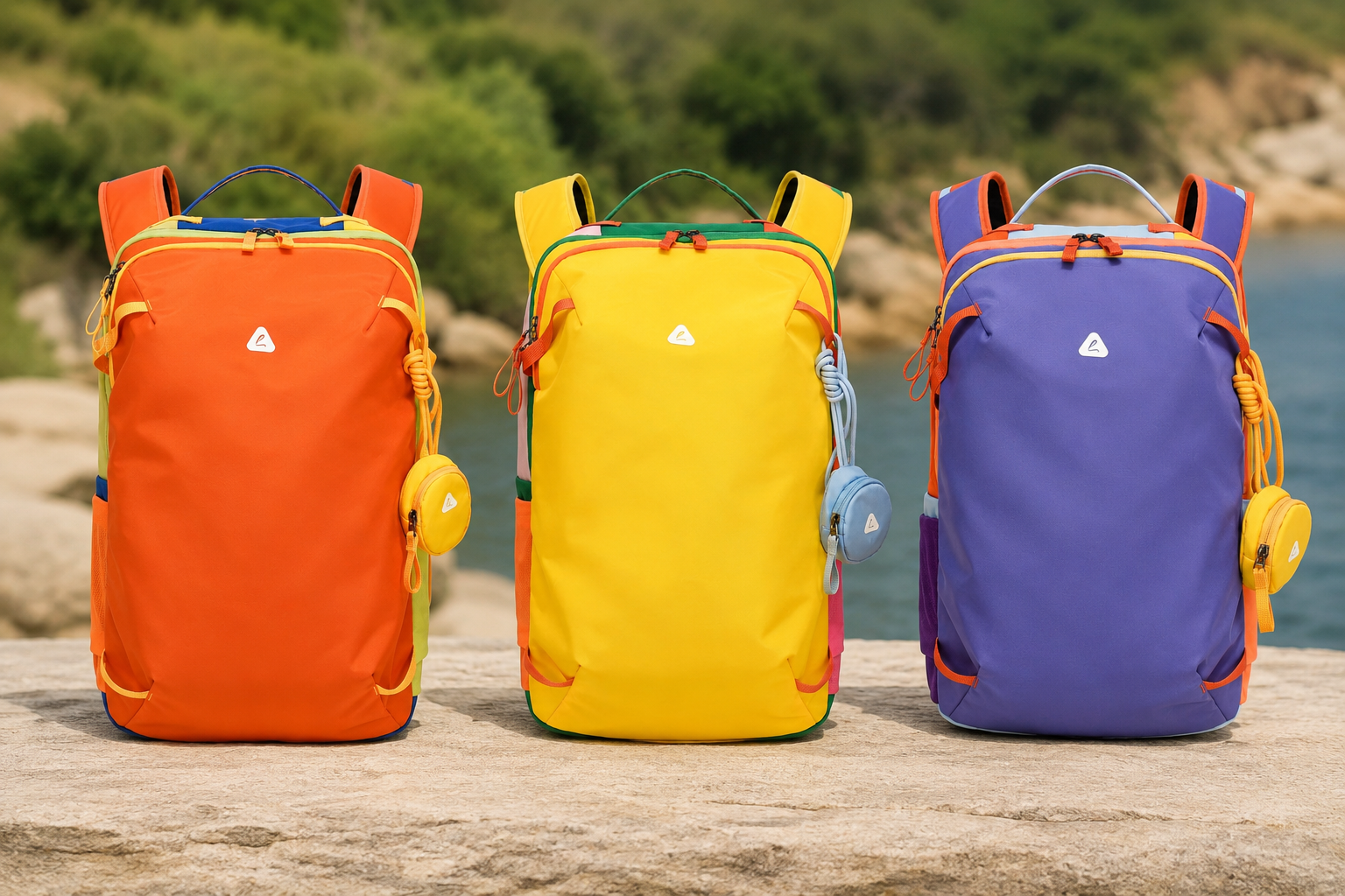 Three color options of the BackpackBeat 8809 Lightweight Hiking Backpack 19L displayed outdoors, including orange, yellow and purple