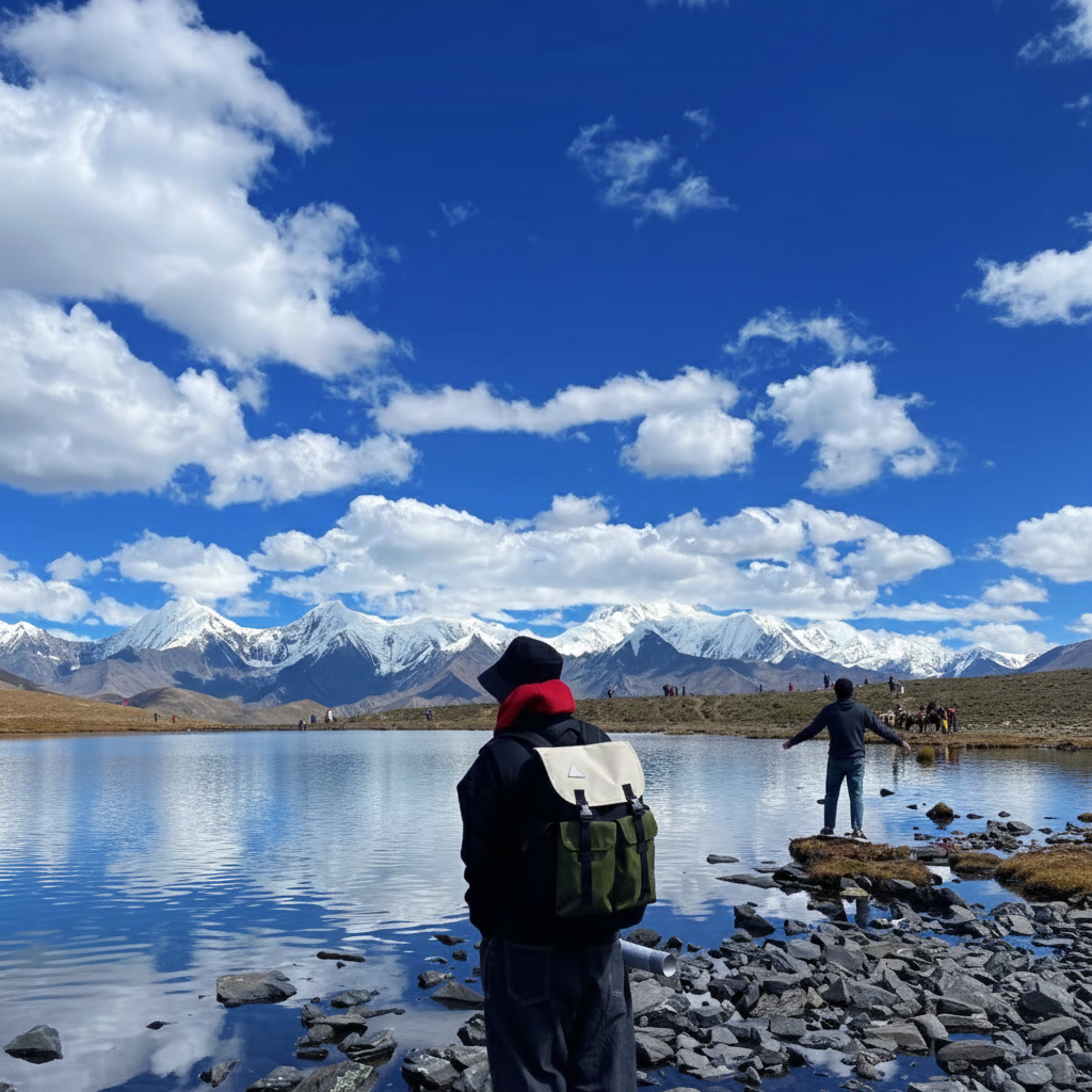 Digital nomad wearing Backpackbeat 7705 waterproof canvas backpack at mountain lake with snow-capped peaks, outdoor adventure travel