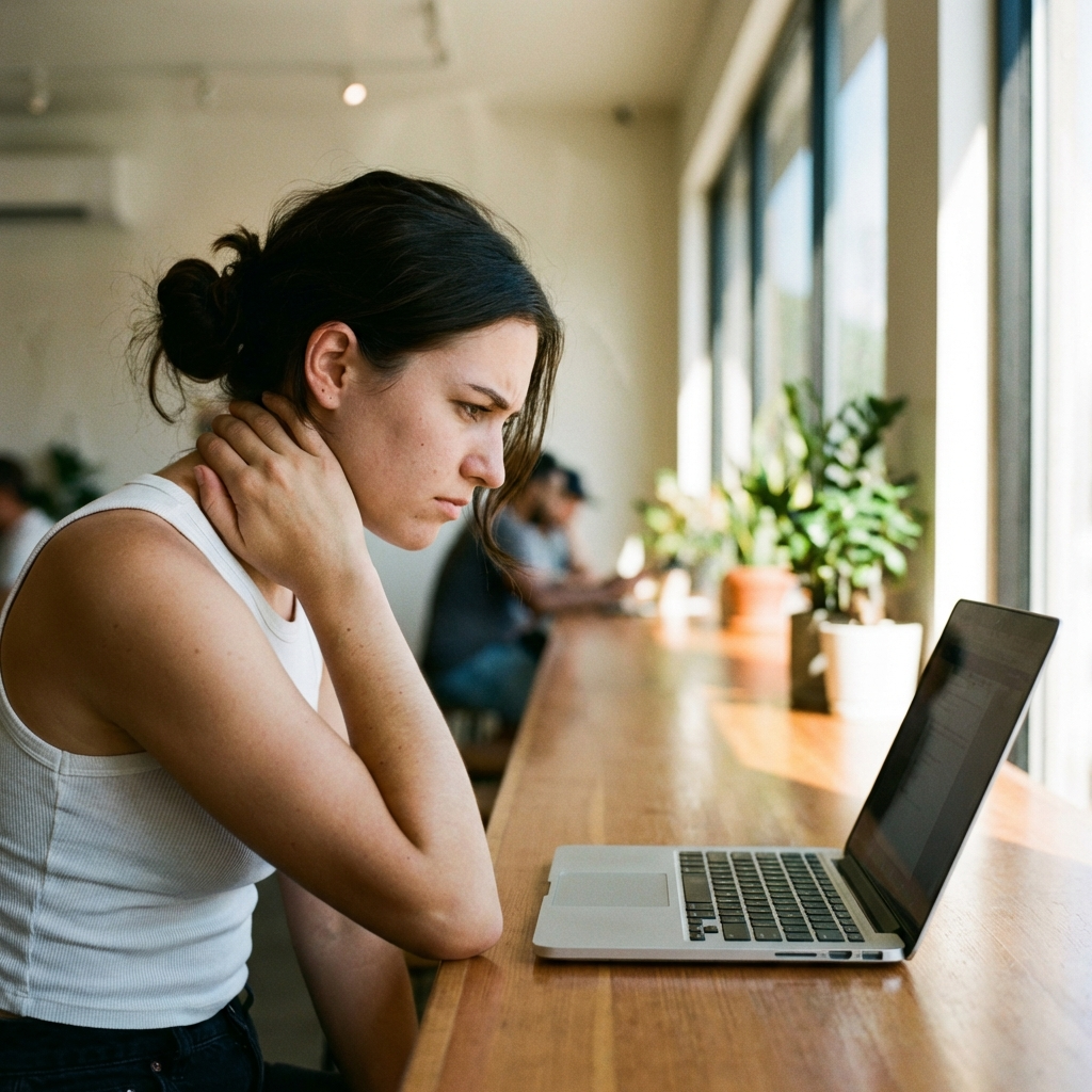 Woman rubbing her neck in pain while hunched over a laptop at a bright café counter with plants in the background — the five-minute burn that builds into chronic strain from working without a laptop stand