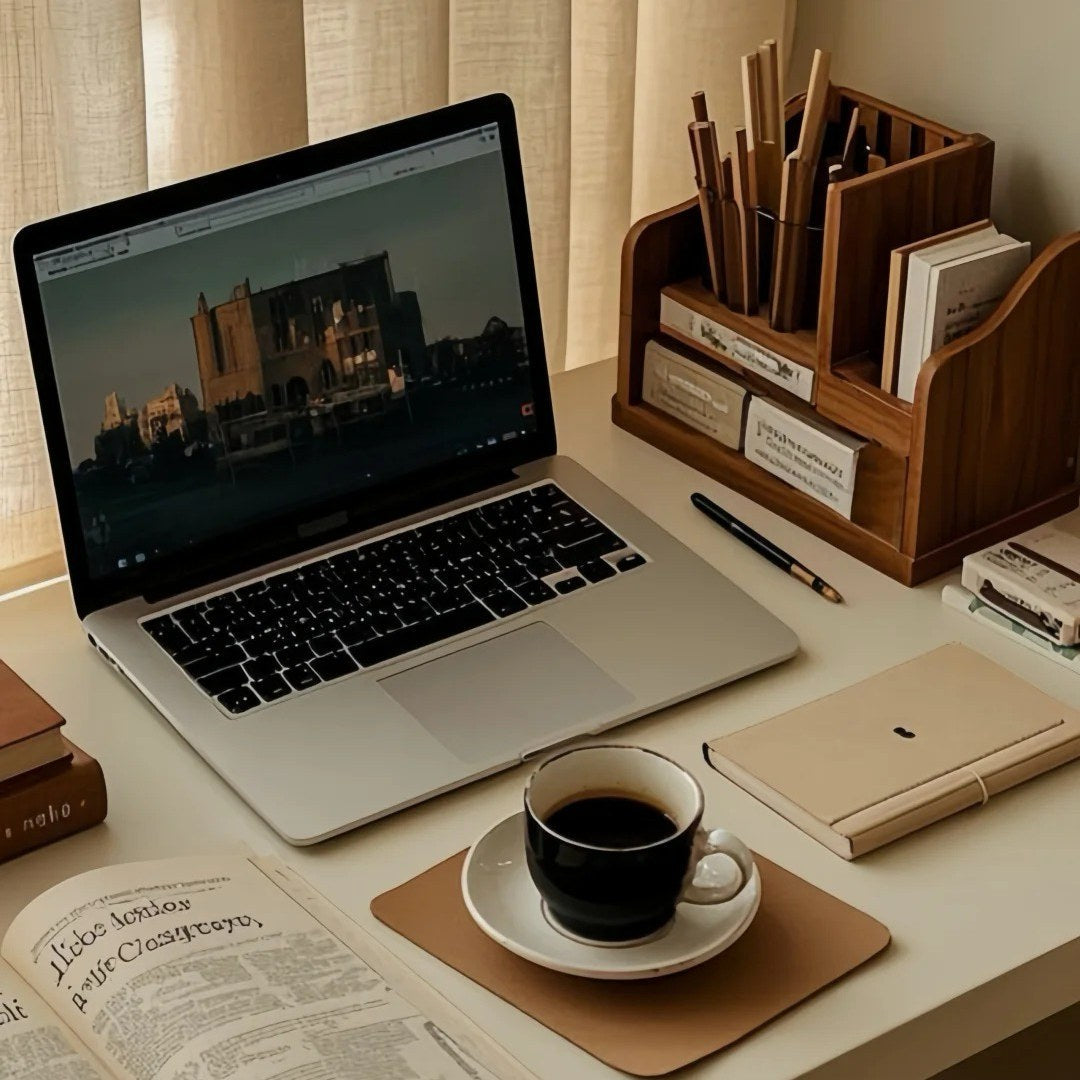 Laptop, coffee, and organized desk setup at a café showing how digital nomads work on weekdays without office constraints