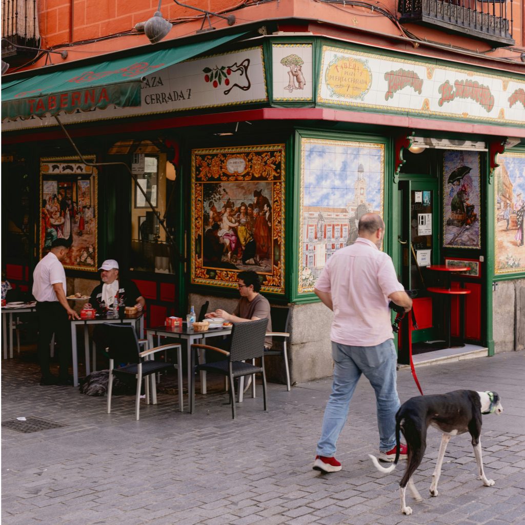 A man walking a galgo past a tiled taberna terrace in central Madrid, a small dog resting under a café table